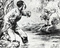 Fugitive slave being chased by dogs and men